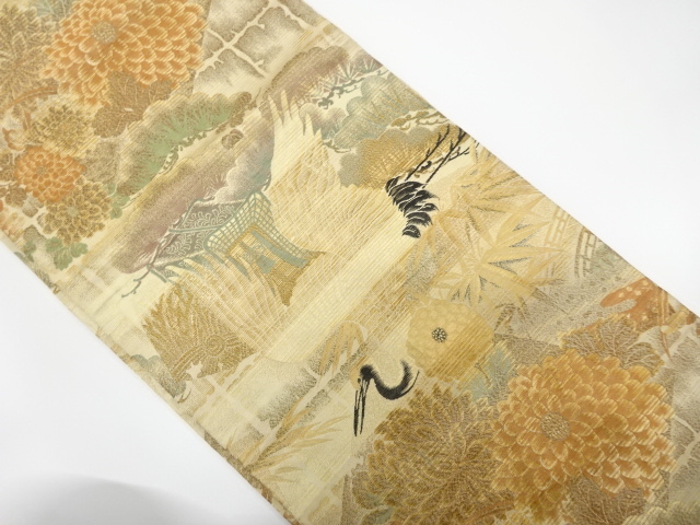 JAPANESE KIMONO / ANTIQUE MARU OBI / WOVEN CRANE WITH CARRIAGE & KIKU